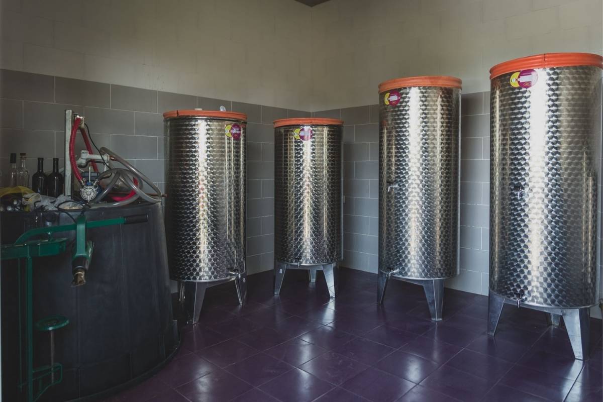 Stainless steel wine fermentation tanks at Rogošić Winery Podgorica