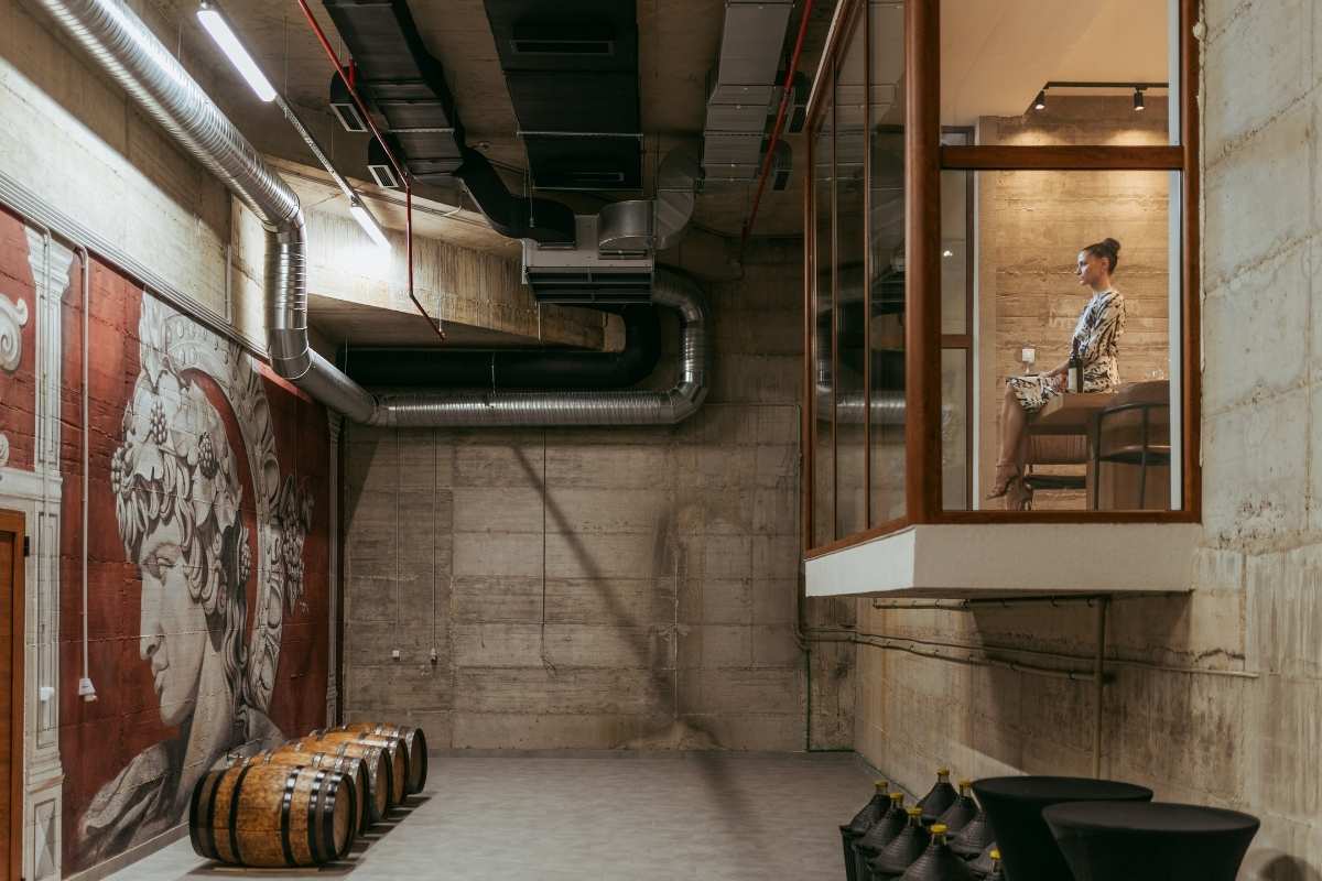Modern underground wine cellar at Storia di Pietra with Montenegrin wines