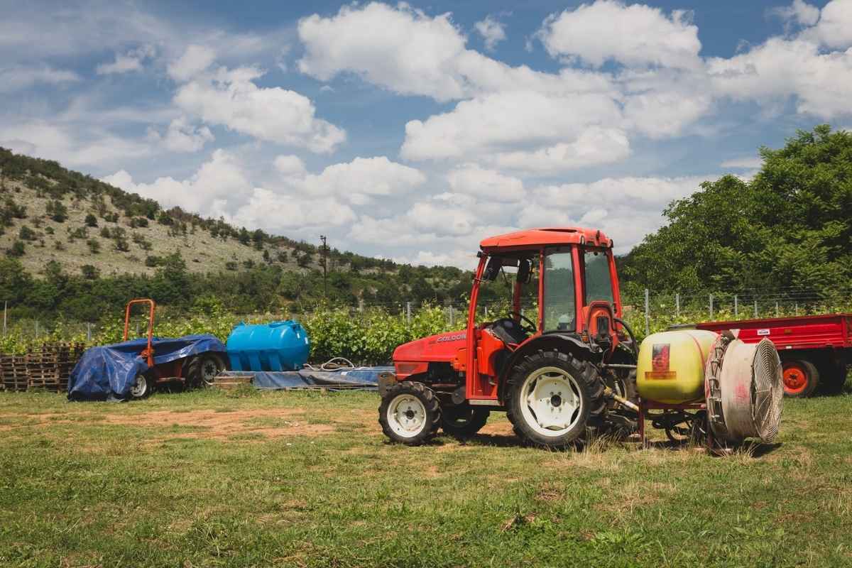 Krgović winery vineyard with tractor working among vines