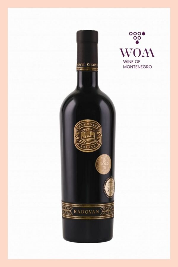 Keković Radovan 0.75L – blend of Vranac and Cabernet Sauvignon. Deep red color with aromas of black fruits, dark chocolate, and spices. Bold, complex, and perfectly balanced. Ideal with roasted meats and rich sauces.