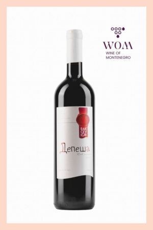 Rakčević Depeša – dry red wine blend of Vranac, Cabernet Sauvignon, and Kratošija. Bold, rich, and structured with dark fruit and subtle spice notes. Perfect with grilled meats and hearty dishes.