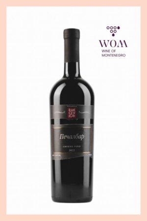 Rakčević Pečalbar 2022 – a dry red wine blend of Vranac and Cabernet Sauvignon, offering aromas of black currant and plum with controlled tannins. Full-bodied with a bold character, aged in inox vessels. Pairs excellently with grilled meats, aged cheeses, and hearty stews. Produced by Rakčević Winery in Smokovci, Montenegro.