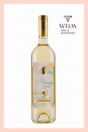 Bottle of Aria Chardonnay from Bogojević Winery, Montenegro. Elegant white wine with fruity aromas of pear and citrus, balanced freshness, and smooth finish.