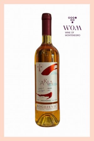 Aria Orange Wine from Bogojević Winery, Montenegro. Unique amber wine made from white grapes with skin contact, offering notes of dried fruit, honey, and spice.