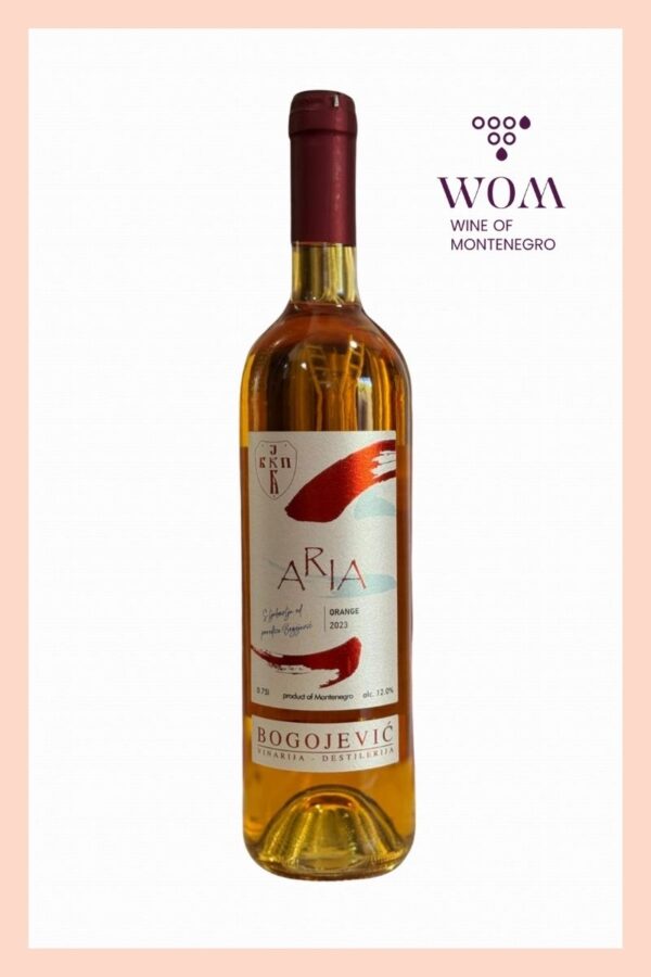 Aria Orange Wine from Bogojević Winery, Montenegro. Unique amber wine made from white grapes with skin contact, offering notes of dried fruit, honey, and spice.